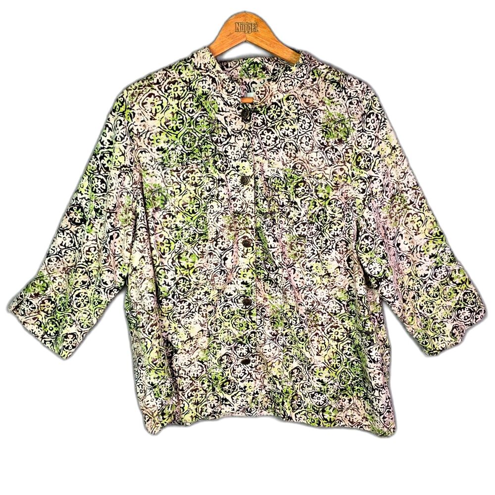 CJ Banks Button Up Blouse Green Brown 1X Linen Blend Abstract Casual